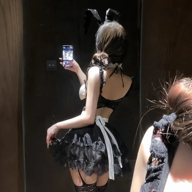 Maid Temptation Roleplay Seductive Lolita Lace Nightgown See-through Pajamas Servant Cosplay Costumes Home
