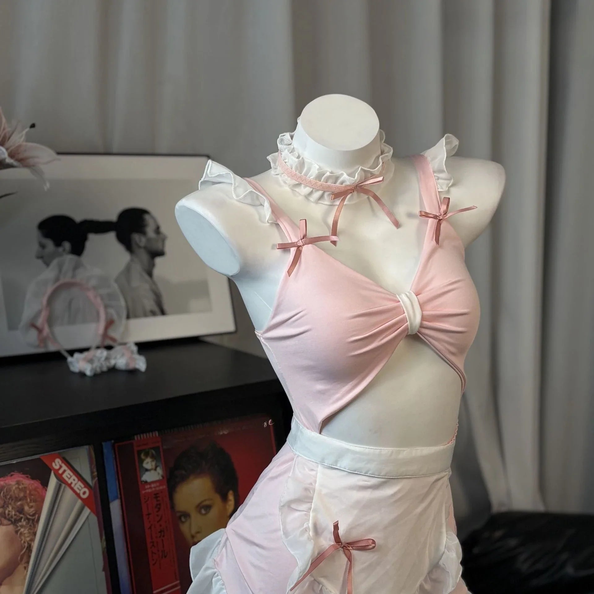 Lingerie Sweet Ruffle Maid Role-play Pure Desire Hollow Out Sling Cute  Bow Apron Set