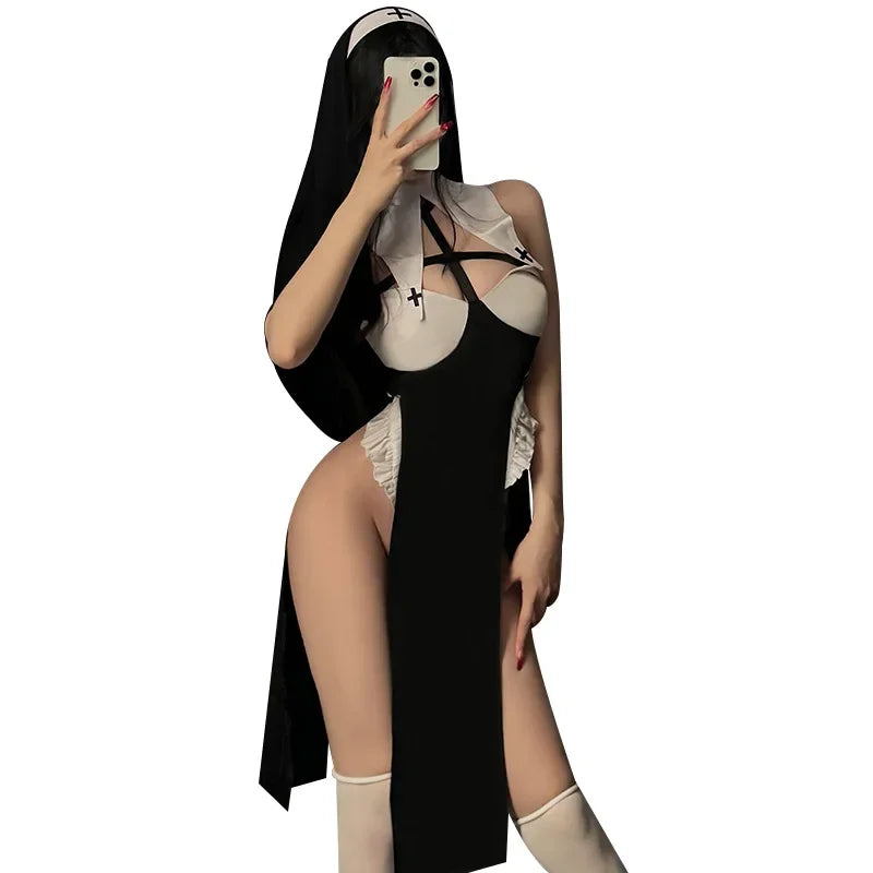 Halloween Costumes Gothic Hollow Out Temptation Nun Veil Adult Party Outfit Roleplay Erotic Passion Lingerie