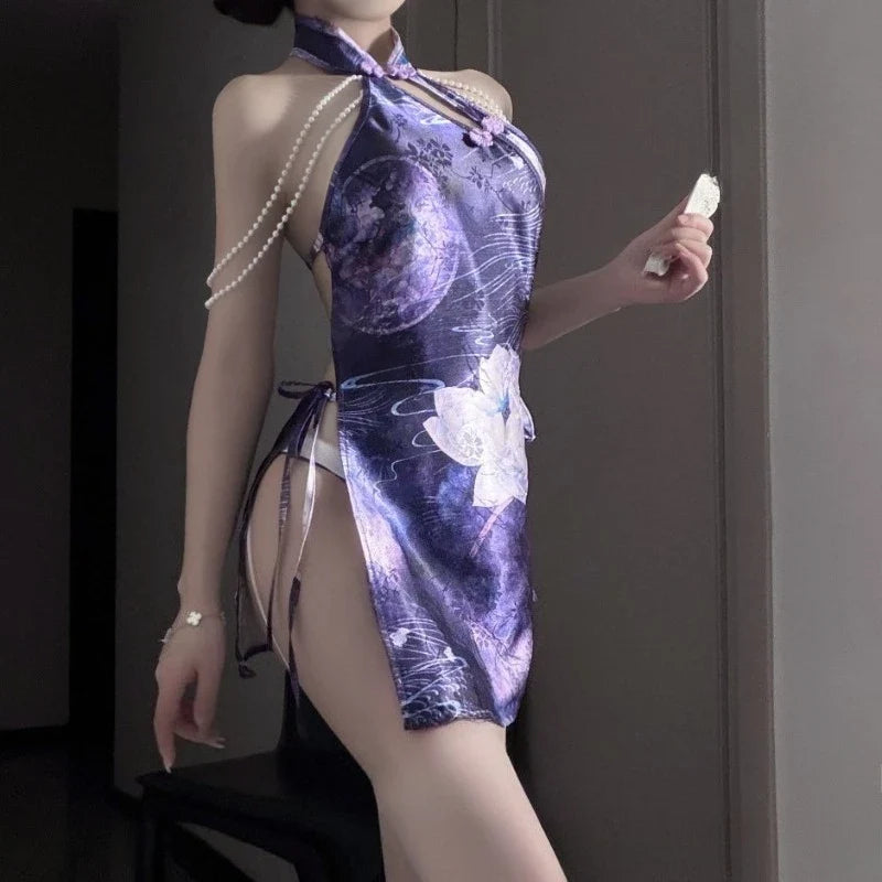Traditional Style Cheongsam Skirt Lingerie Pearl Hanging Neck Strap Split Porno Exotic Costumes