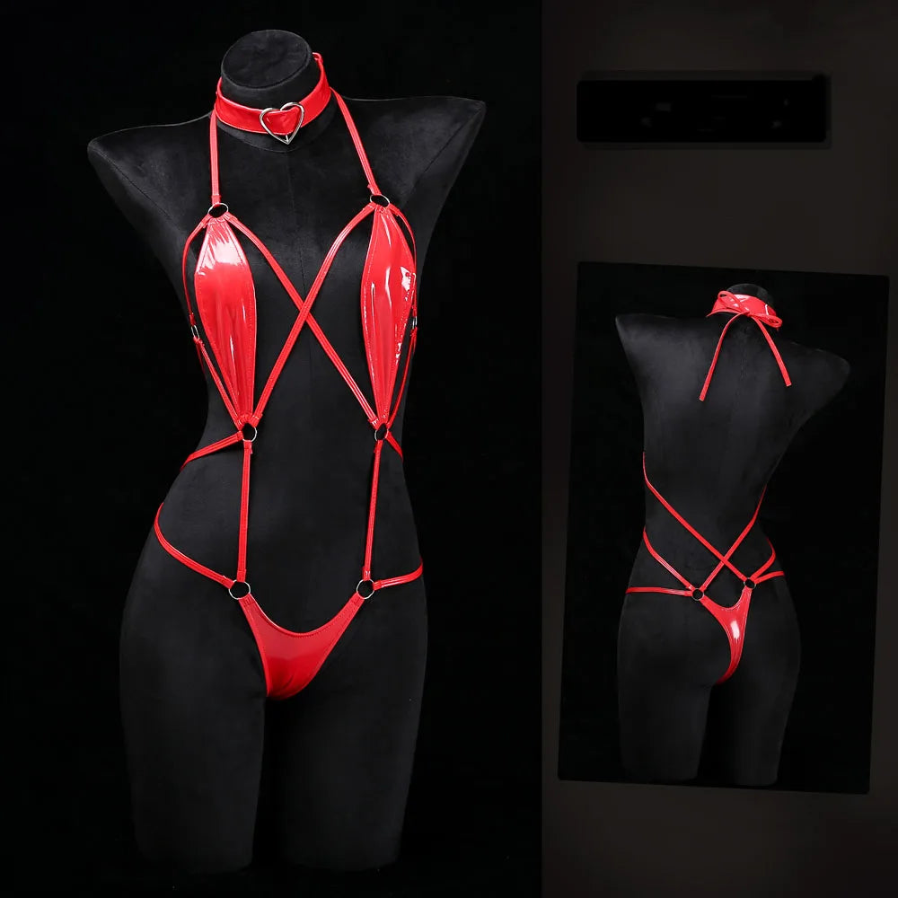 Patent Leather Harness Lingerie Heart Choker Open Back Crotch less Erotic Bodysuit Intimate Club wear