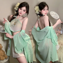 Lingerie Antique Style High Slit Hanfu Soft Bellyband See-through Outer Set
