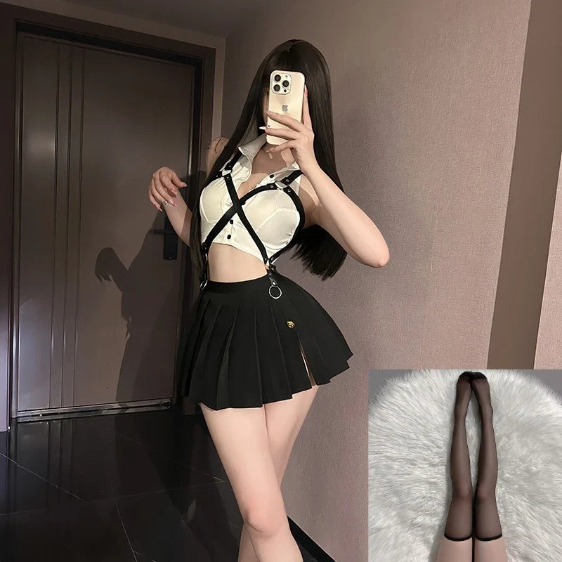 Lingerie Secretary Office Sailor Role-playing Temptation Short Sleeved Top Pleated Skirt Sets Straps