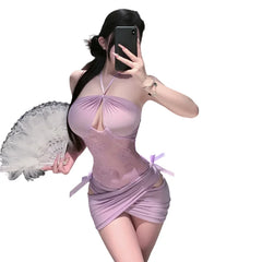 Secretary Cosplay Costumes Hanging Neck Hollow Out Erotic Lingerie Temptation Baby Doll Porno Bar Costumes