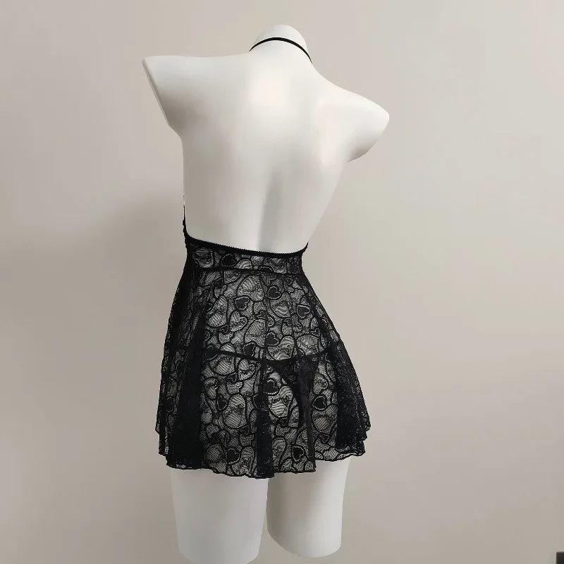 Gloves Halter Nightgowns White Black Lolita Night Wear Sleepwear Mesh Lace Embroidery See Through Lingerie