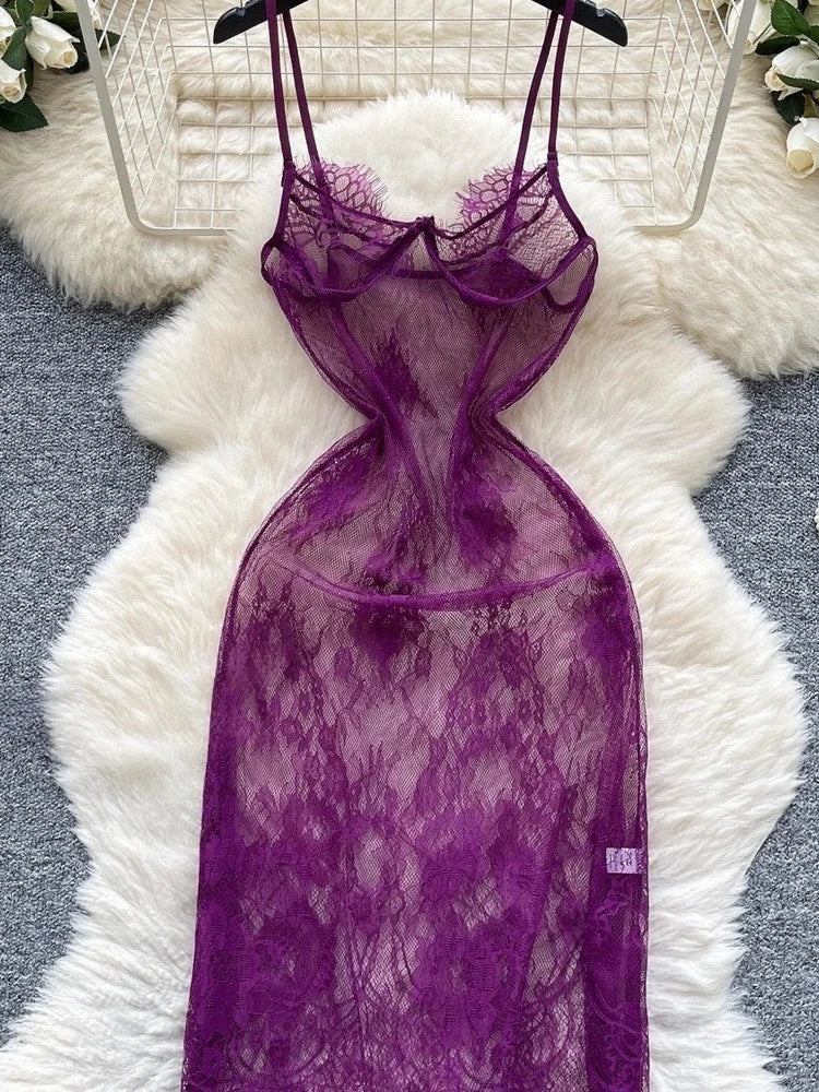 Halter Butterfly Lace Satin Nightgown Irregular Hem Homewear