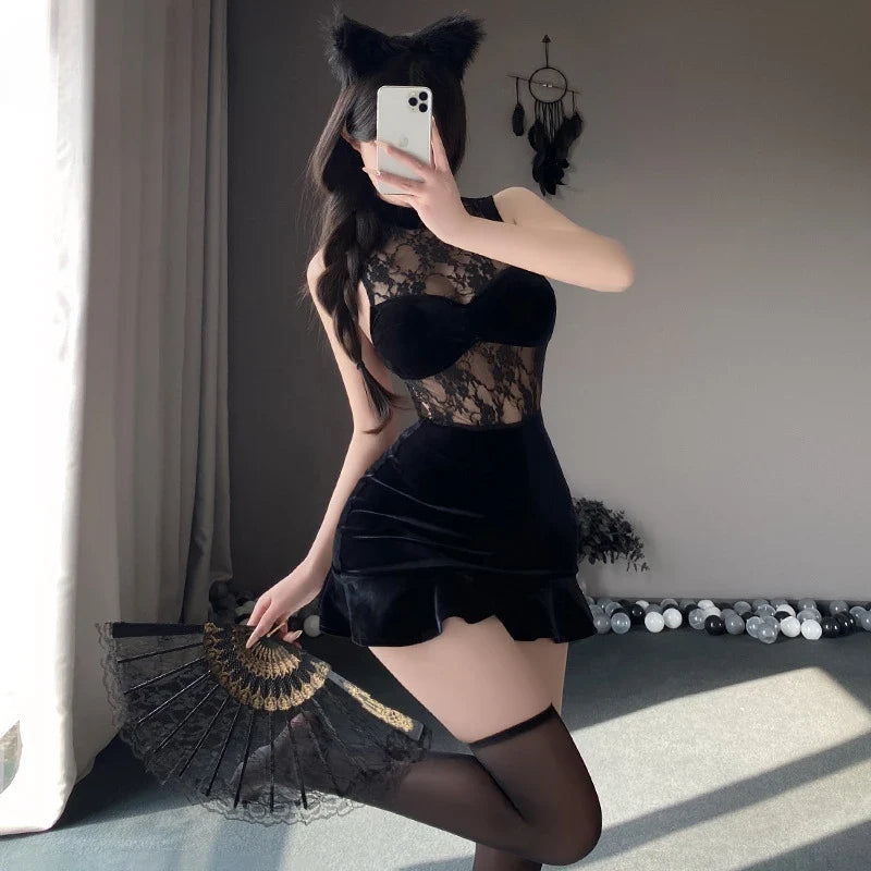 Transparent Cheongsam Backless Hollow Out Lace Short Skirt Retro Improve Exotic Charm Costume