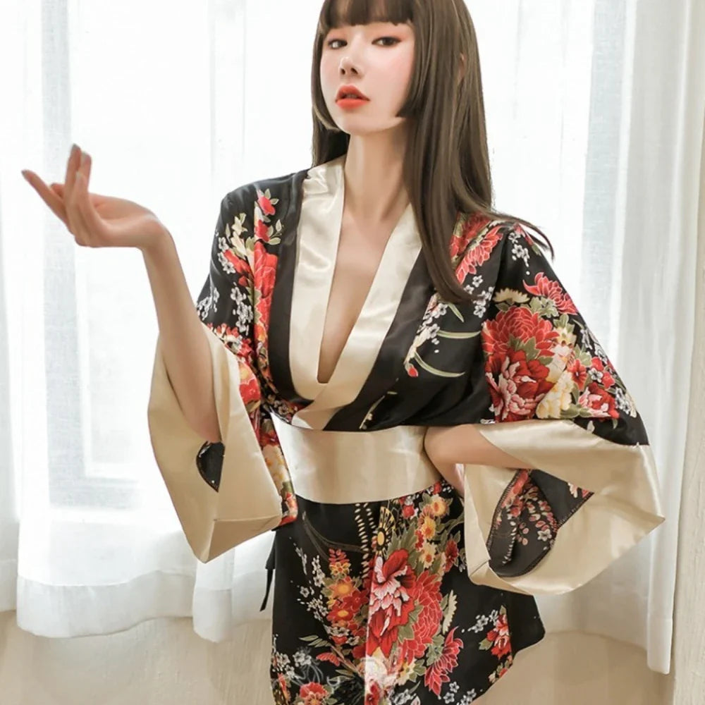 Lingerie Kimono Seductive Topless Print Pajama Set