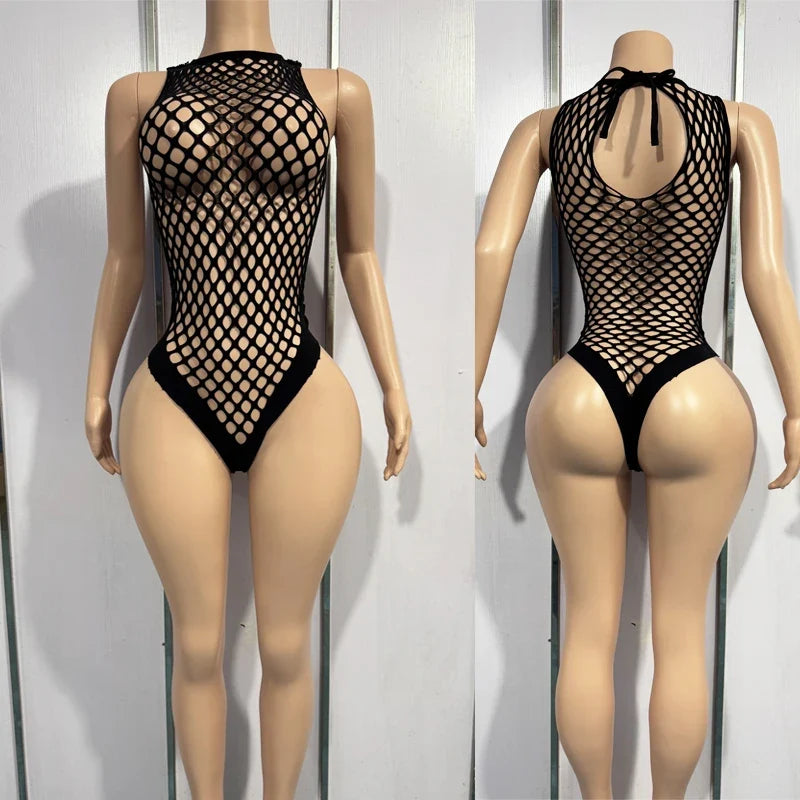 Erotic Bodysuit Fishnet Crotchless Bodystockings Black Hollow Out Lingerie