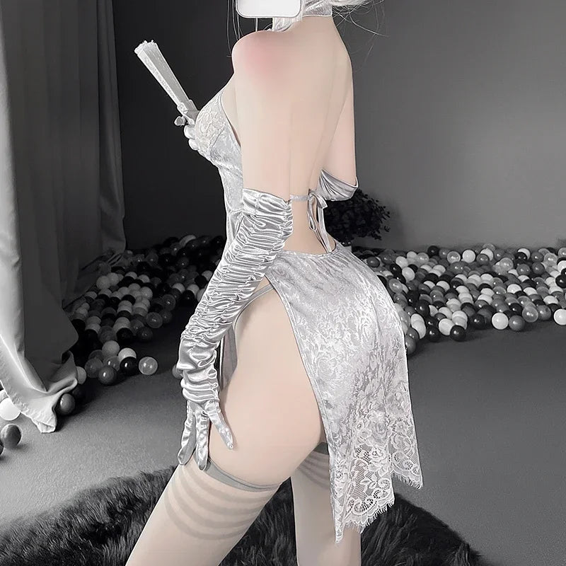 Erotic Lingerie Cheongsam Back Lace Hollow Out Side Slit Temptation Pajamas