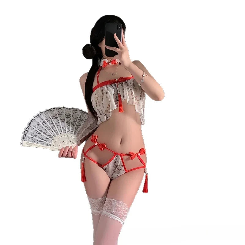 Ancient Style Hanfu Bellyband Temptation Perspective Tassel Cheongsam Set