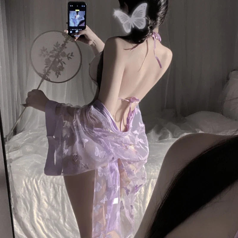 Kimono Bathrobe Perspective Ancient Tempting Butterfly Nightgown Mesh Porno Thin Pajamas Exotic Charm Purple