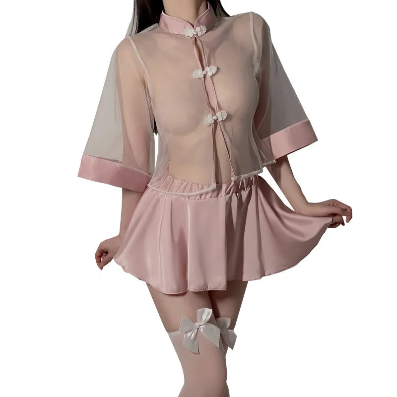 Retro Cheongsam Outfits Perspective Top Pleated Skirt Sleepwear Lingerie Antique Traditional Uniform