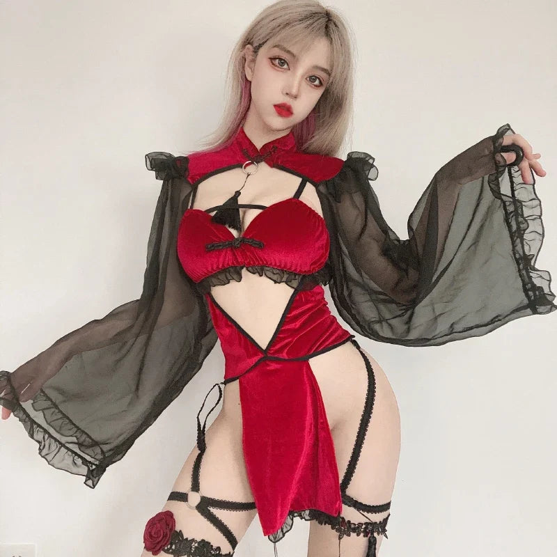 Dark Witch Halloween Cosplau Costumes Erotic Lingerie Game Hollow Temptation High Split Nightgowns