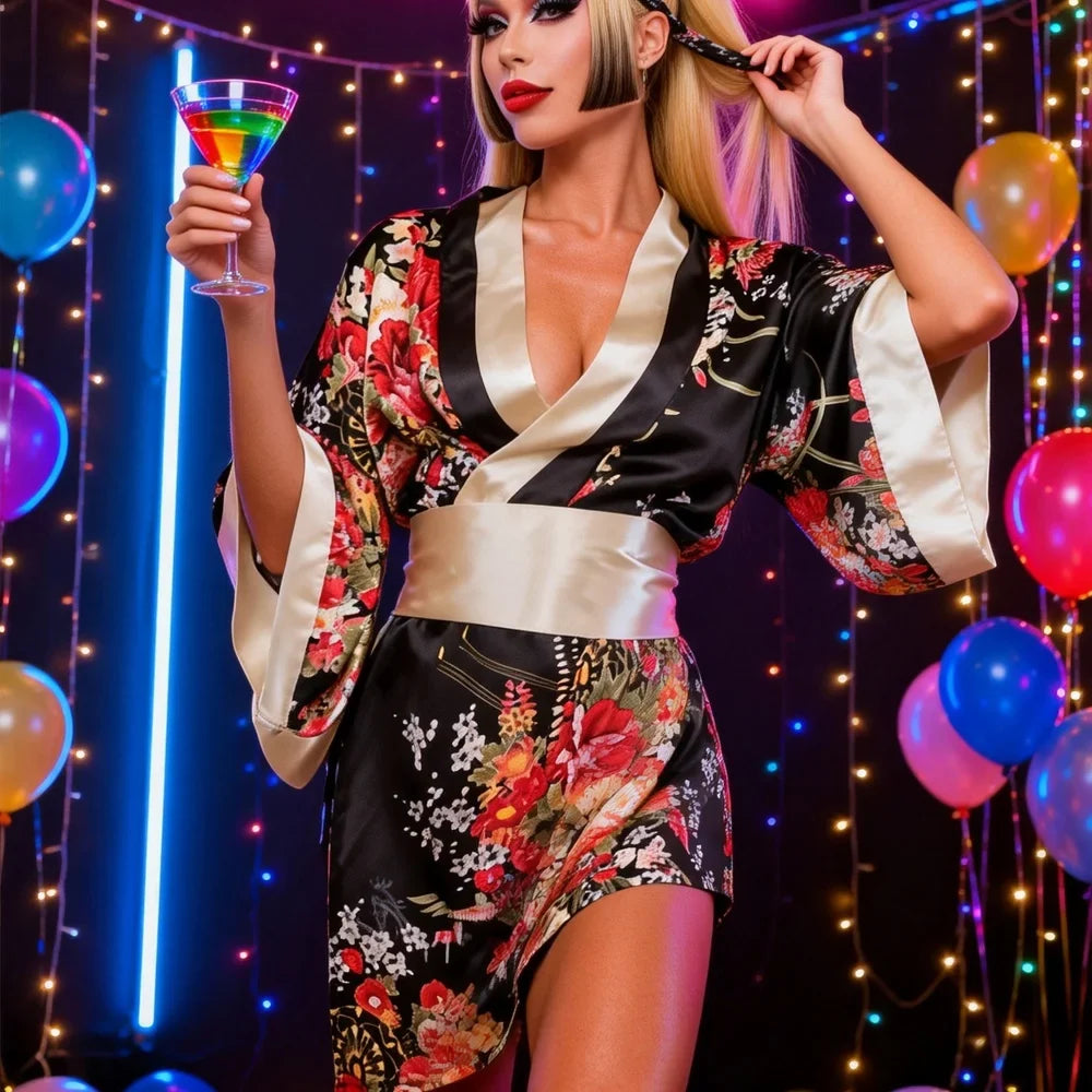 Floral Print Satin Kimono Robe Wide Sleeve Waist Cinched Short Robe