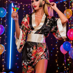 Floral Print Satin Kimono Robe Wide Sleeve Waist Cinched Short Robe