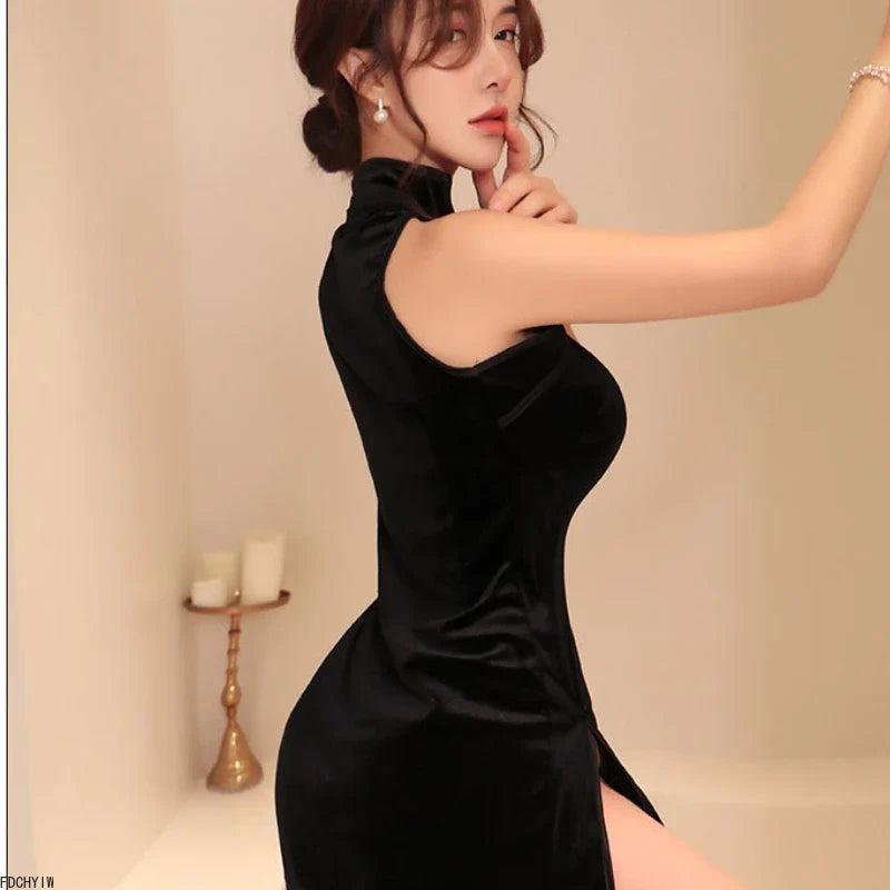 Retro Cheongsam Wrap Hip High Slit Tradition Hot Lingerie Erotic Cosplay Costumes 3colors