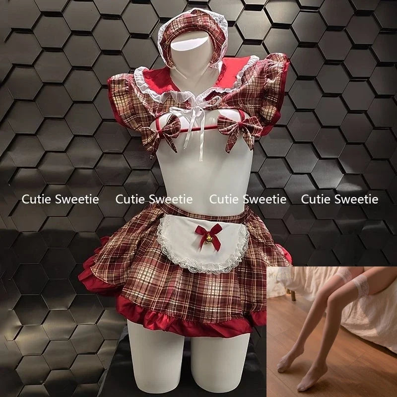 Lolita Maid Outfit Cosplay Costumes Lace Bow Bra Apron Set