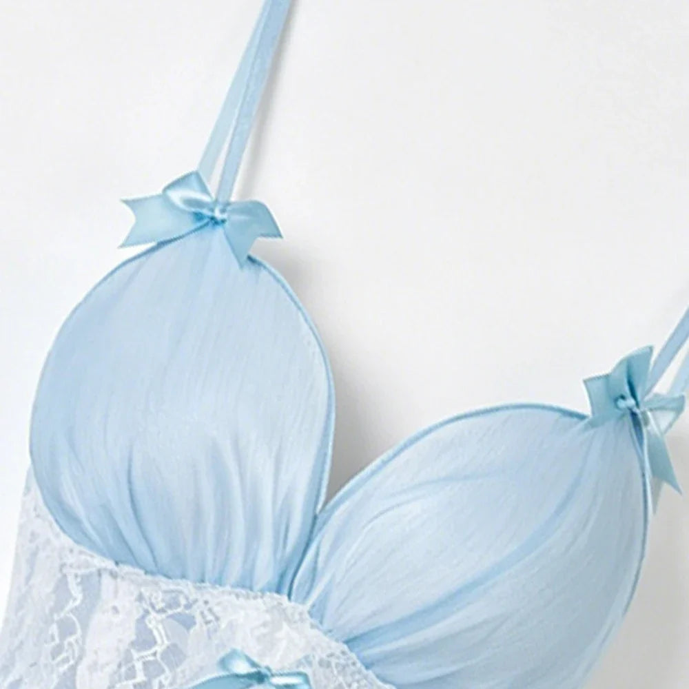 Light Blue Chiffon Princess Nightgown Sets Bow Decor Tiered Skirt Detachable Arm Cuffs Sweet Suspender Homewears