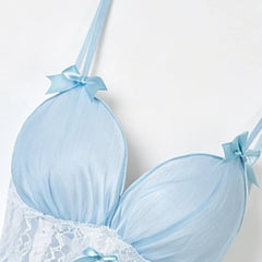 Light Blue Chiffon Princess Nightgown Sets Bow Decor Tiered Skirt Detachable Arm Cuffs Sweet Suspender Homewears