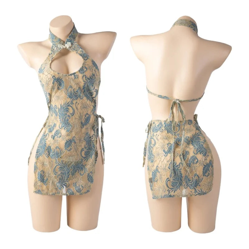 Transparent Hollow Out Bandage Slit Elegant Porno Cheongsam Pure Desire Costume