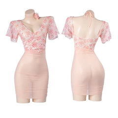 Perspective Soft Deep V Floral Tight Short Sleeve High Waist Hip Wrap Skirt Couples Flirting Erotic Outfit