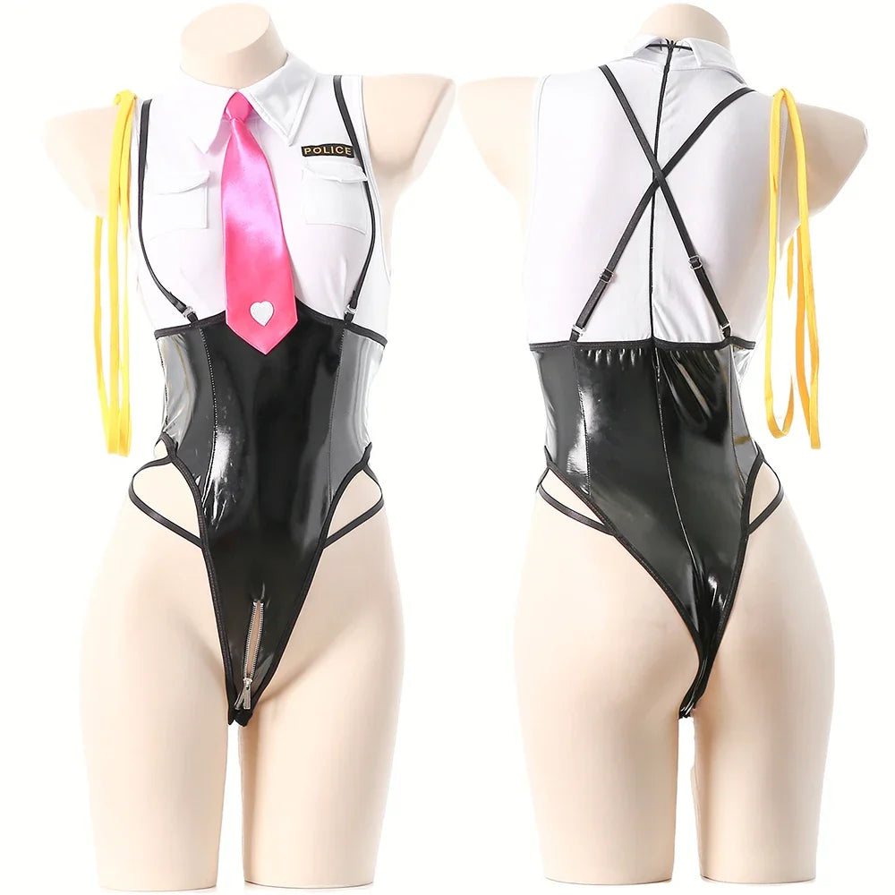 Cosplay Costume Leather Lace Back Bodysuit Outfits Role Play Lingerie
