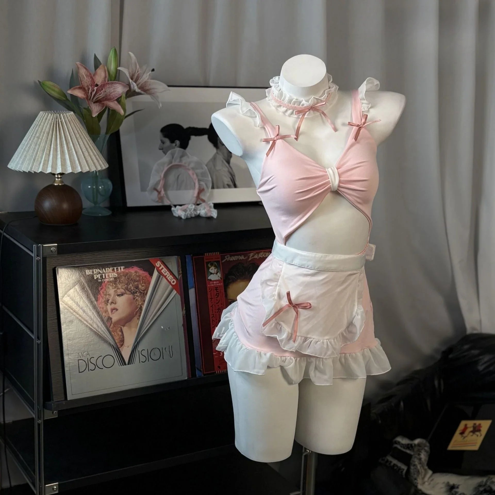 Lingerie Sweet Ruffle Maid Role-play Pure Desire Hollow Out Sling Cute  Bow Apron Set