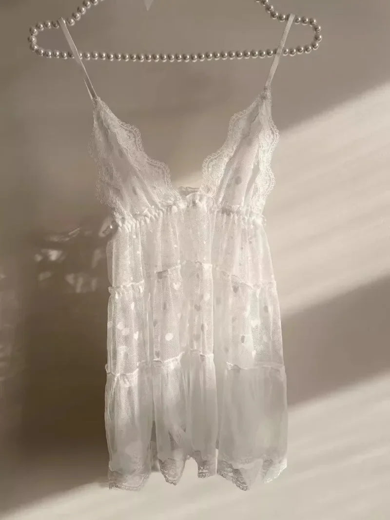 Cute Lingerie Gauze Lace Pajamas Sling Nightgown Panties Deep V-Neck Sleepwear Dot Strap