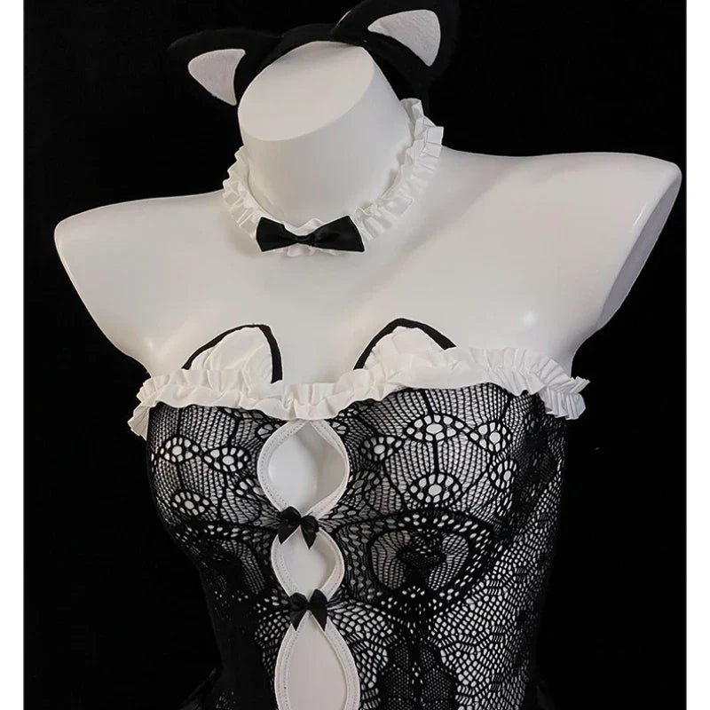 Erotic Cat Lingerie Maid Costumes Tube Top Net Hollow Back Split Sweet Bow Hollow Nightgowns Cosplay Dress
