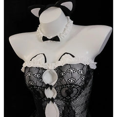 Erotic Cat Lingerie Maid Costumes Tube Top Net Hollow Back Split Sweet Bow Hollow Nightgowns Cosplay Dress