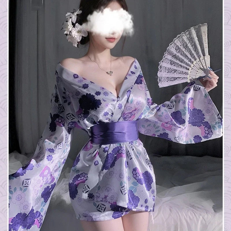 Kimono Cosplay Outfit Traditional Style Robe Yukata Sakura Costumes Pajamas Bathrobe Belt Lingerie Nightgown