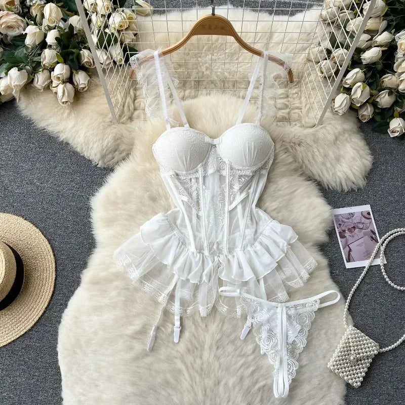 Lingerie Lace Gauze Elasticity Corset Chest Pad Straps Belt Underwear Lace Up Body Bustier Overbust Breathable Tops