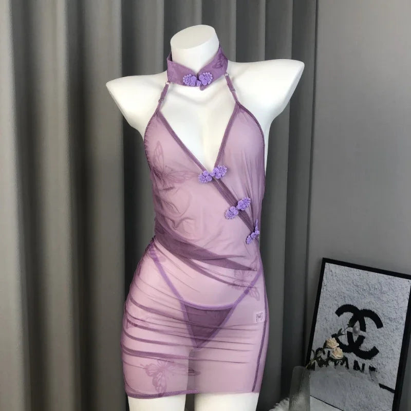 Lingerie Hollow Out Retro Cheongsam Transparent Pajamas Traditional Improve Exotic Charm Costume