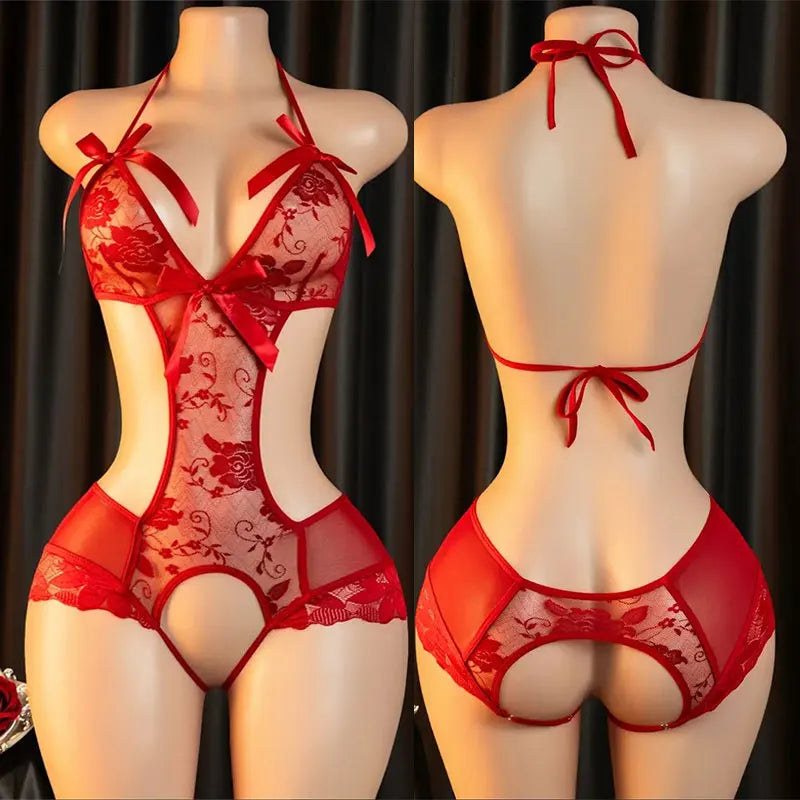 See Through Erotic Open Bra Crotchless Bow Lingerie Underwear Plus Size Costume Erotic Bodysuits