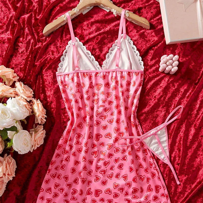 Suspender Sleeping Printed Patchwork Lace Slit NightSet Babydoll Erotic Underwear