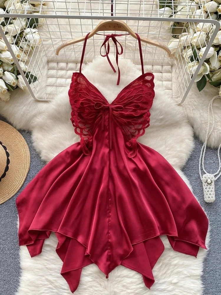 Halter Butterfly Lace Satin Nightgown Irregular Hem Homewear