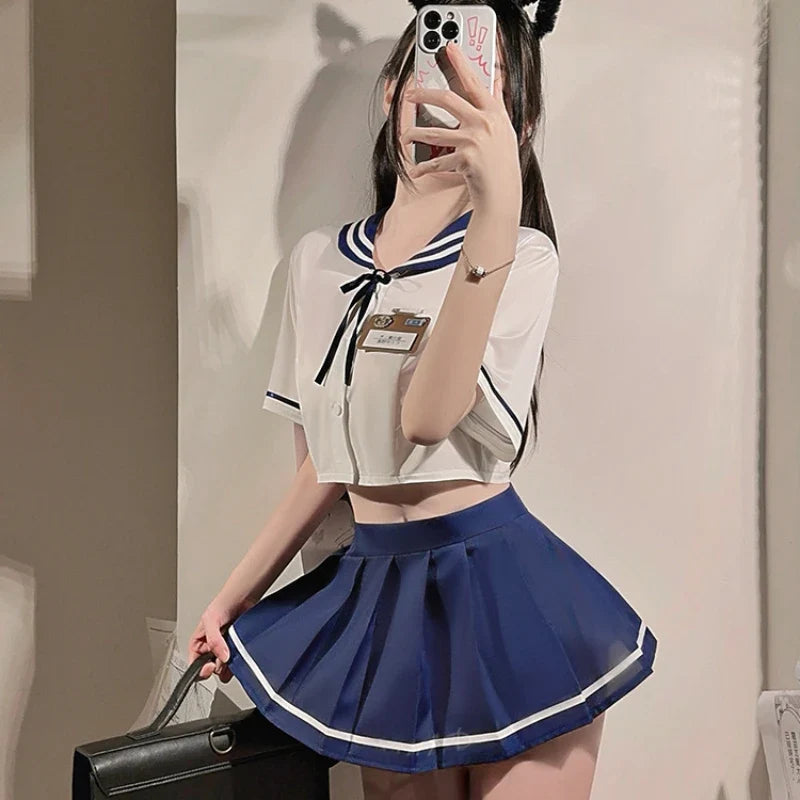 Sweet Student Roleplay Costumes Navy Lapel Top Pleated Skirt Set