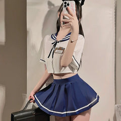 Sweet Student Roleplay Costumes Navy Lapel Top Pleated Skirt Set