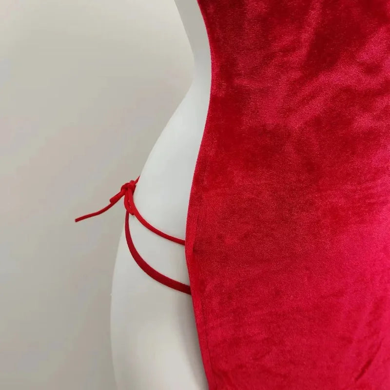 Soft Velvet Cheongsam Halter lingerie Babydoll Retro Style V-neck Hollow Erotic Nightgowns