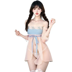 Mesh Transparent Nightgown Retro Sweet Flower Embroidery Porn Improved Hanfu Skirt Traditional NightExotic Costume