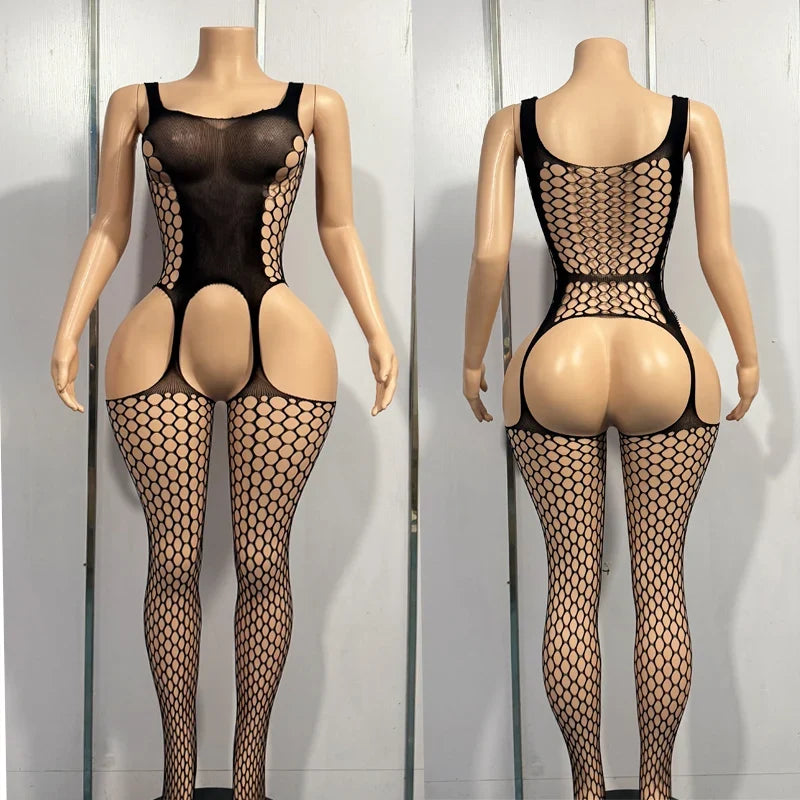 Erotic Bodysuit Fishnet Crotchless Bodystockings Black Hollow Out Lingerie