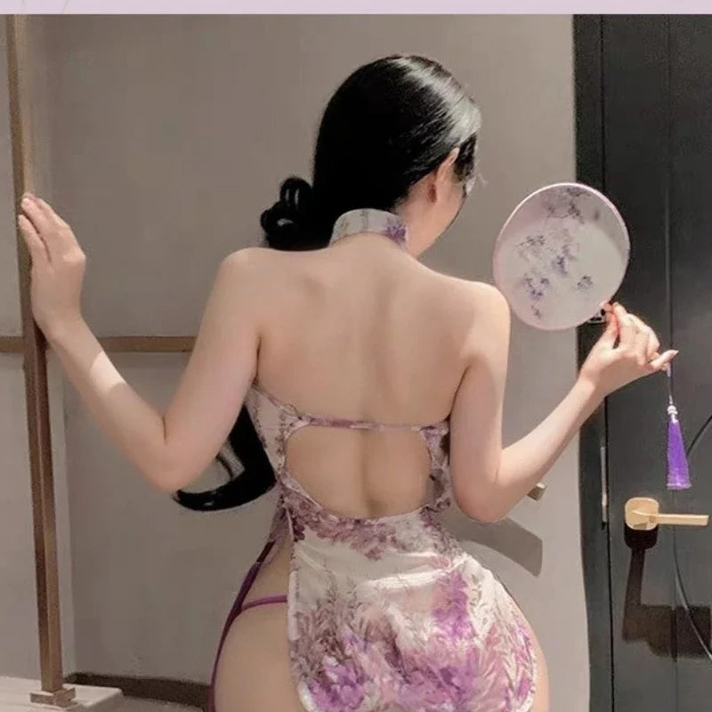 Floral Cheongsam Hot Hollow Slit Temptation Traditional Porno Exotic Charm Costume Purple