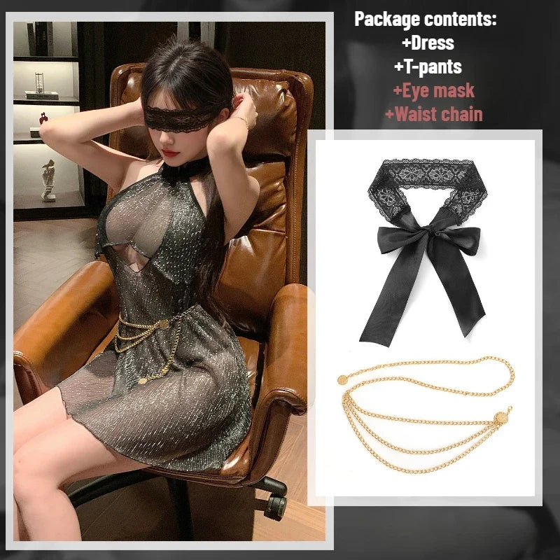 Erotic Hollow Perspective Pajamas Playful Shiny Nightclub Queen Temptation Halter Skirt  Backless