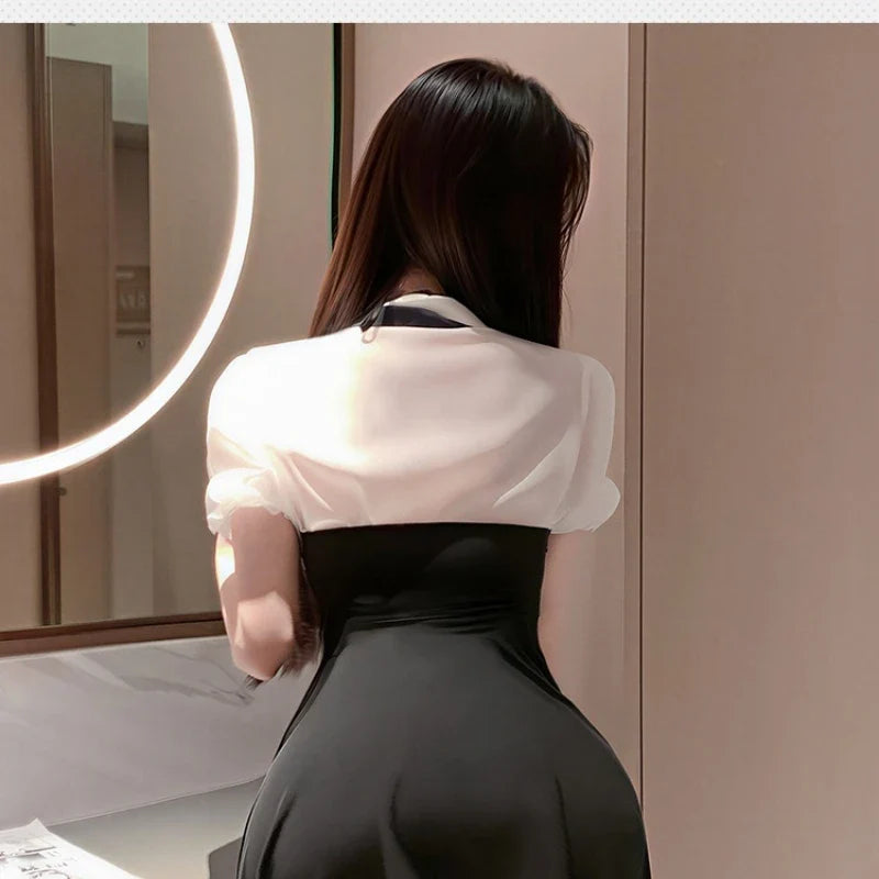 College Style Cosplay Student Costume Long Sleeved Top Halter Skirt Set