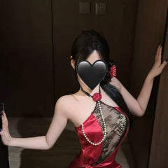 Lingerie Lace Bandage Sleepwear Flower Hanging Neck Set