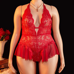 Lingerie Crotchless Deep V Open Red Lace Hollow Bodysuit Teddy Babydoll Underwear Set