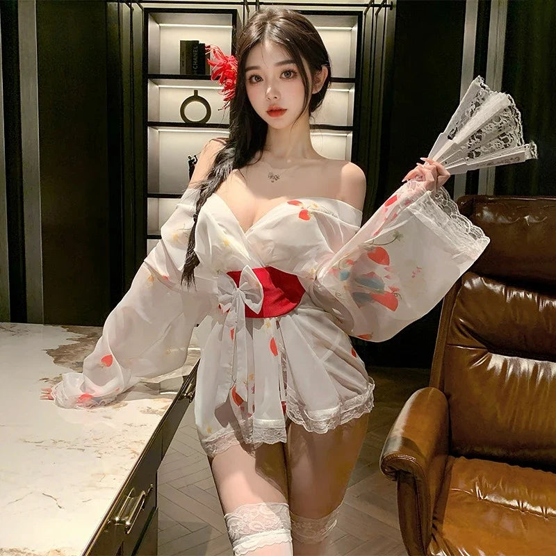 Transparent Style Strawberry Print Kimono Seductive Lace Long Sleeves Bow Elegant Charm Nightgown Bathrobe