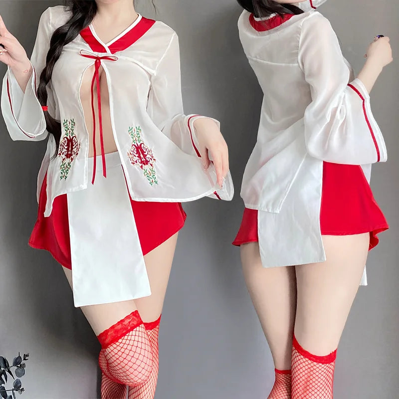 Chiffon Embroidery Kimono Hot Temptation Erotic Underwear Suit Cosplay Top Skirt Panties