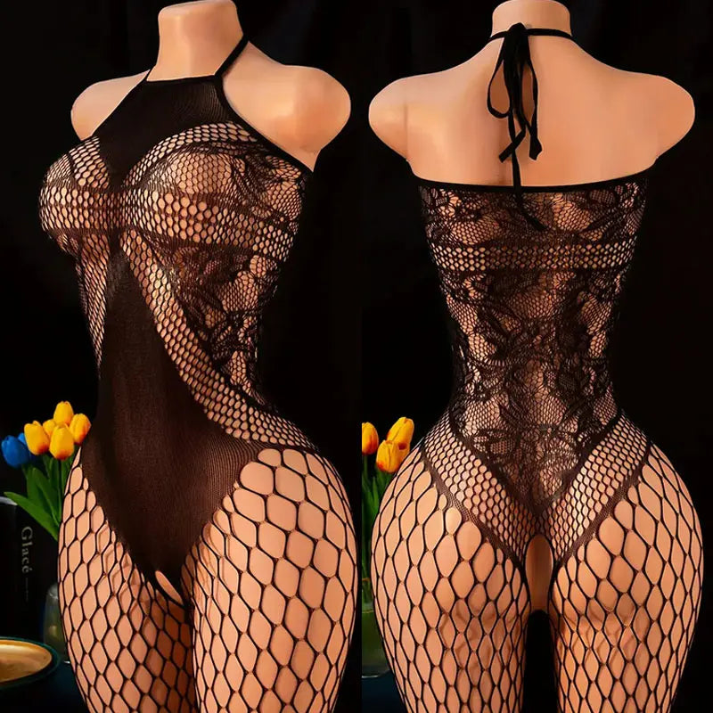 Mesh Bra Crotchless One-Piece Set